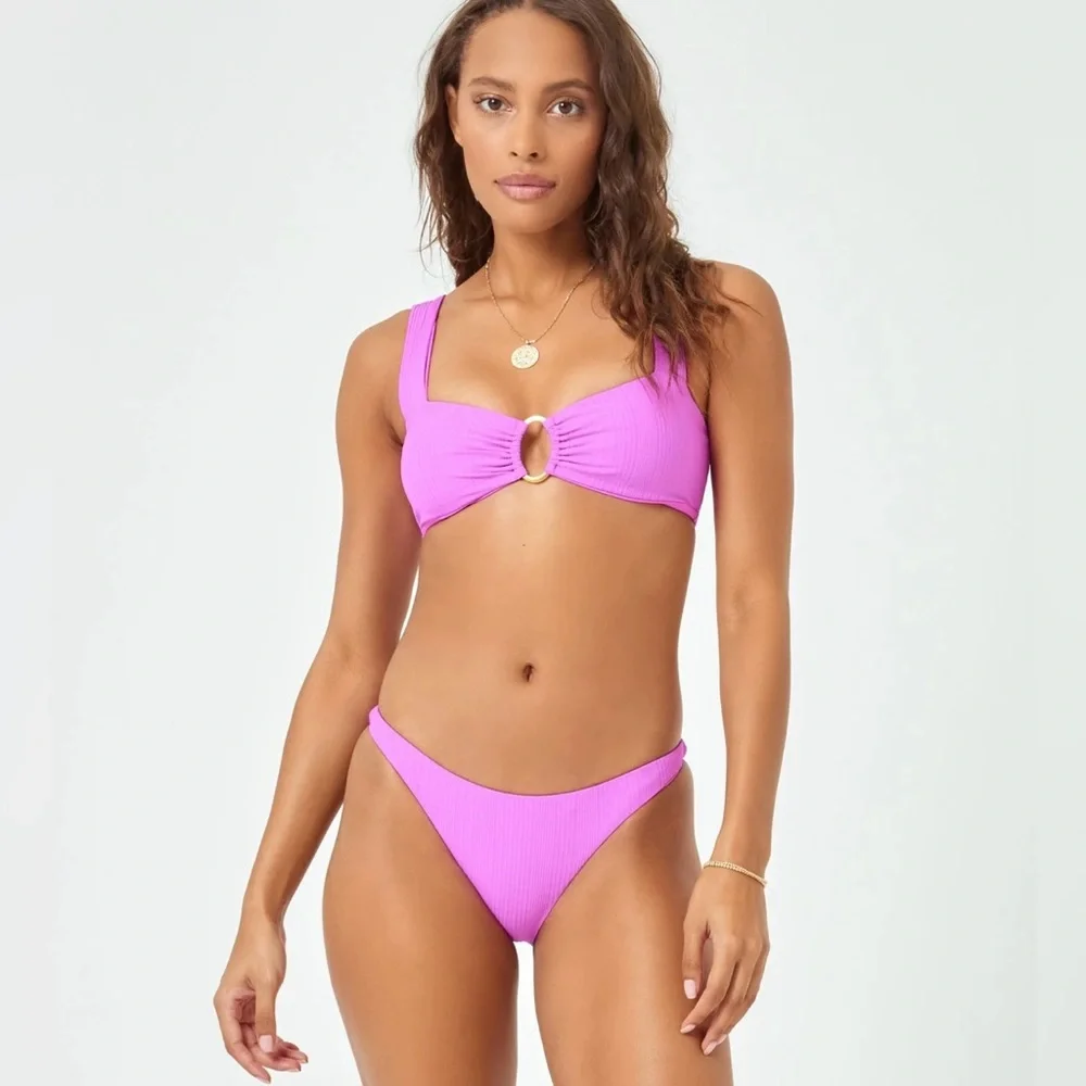L*Space Ribbed Willow Bikini | Purple Cutout Ring Top & High-Leg Bottom NWT M